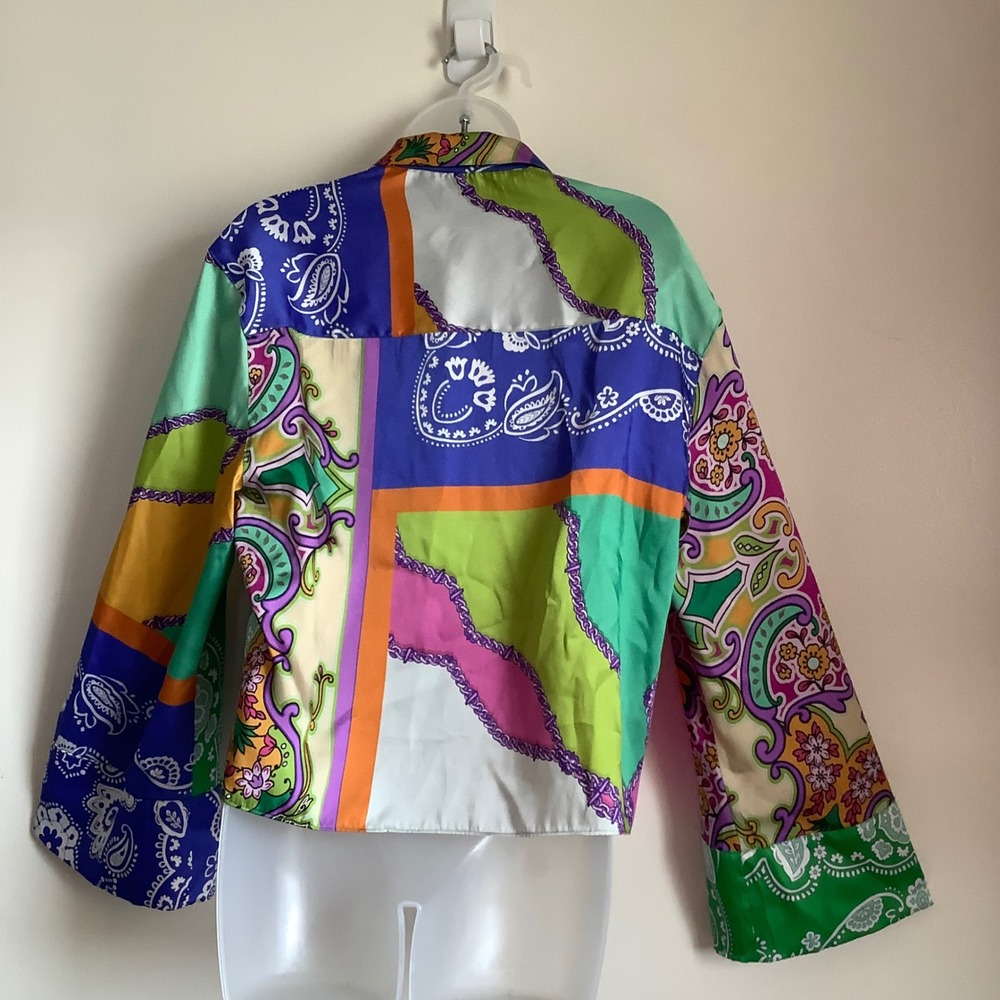 ZARA Womens Patchwork Scarf Print Satin Shirt Multi Color Paisley XL Crop Tie Fr - Picture 6 of 14
